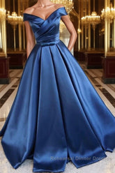 Blue Off Shoulder Satin Long Semi Formal Prom Dresses, Off Shoulder Blue Formal Dresses, Ball Gown, Evening Dresses